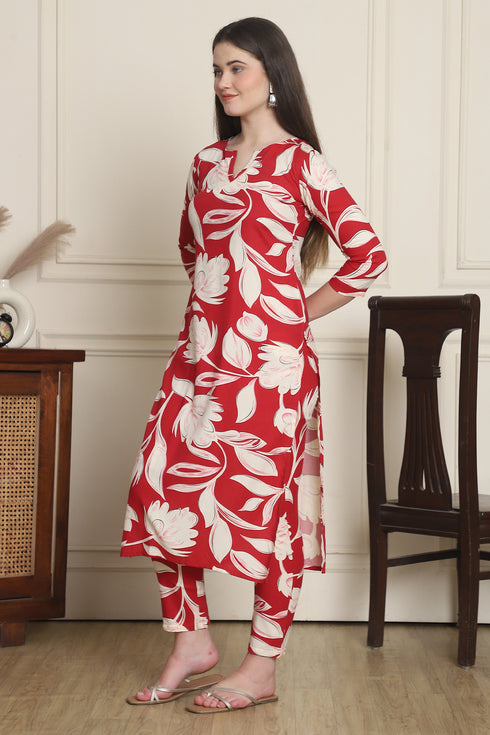 Women Red & Off White Cotton Botanical Floral Printed Kurta With Pant
