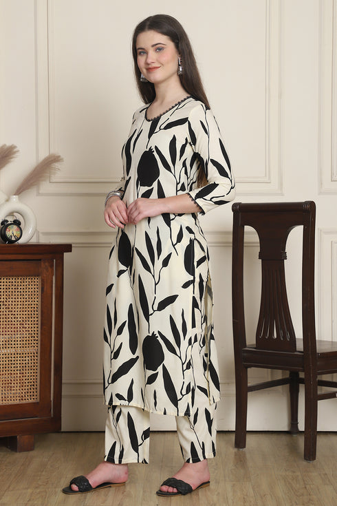 Women Off White & Black Cotton Botanical Floral Printed Kurta With Pant