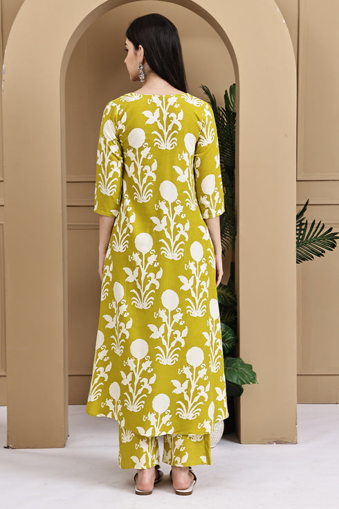 Women Lemon Yellow & White Cotton Botanical Floral Printed Kurta With Pant