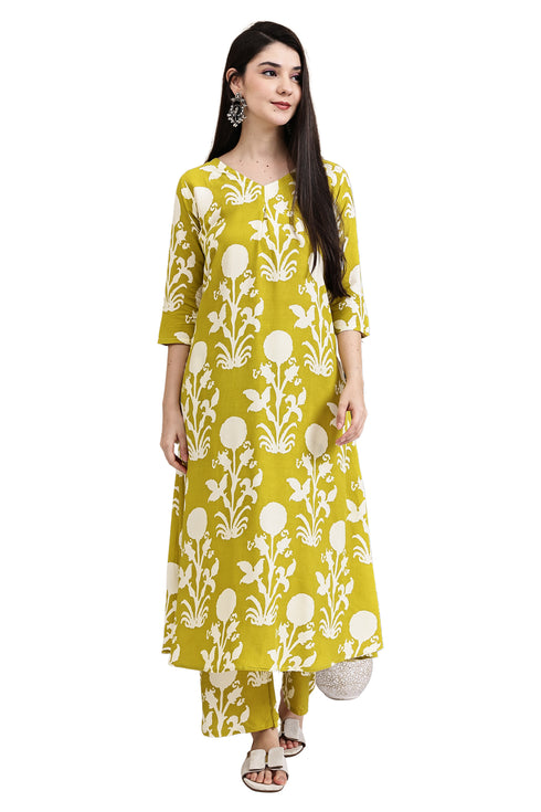 Women Lemon Yellow & White Cotton Botanical Floral Printed Kurta With Pant