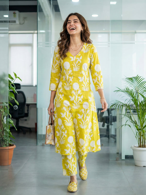 Women Lemon Yellow & White Cotton Botanical Floral Printed Kurta With Pant