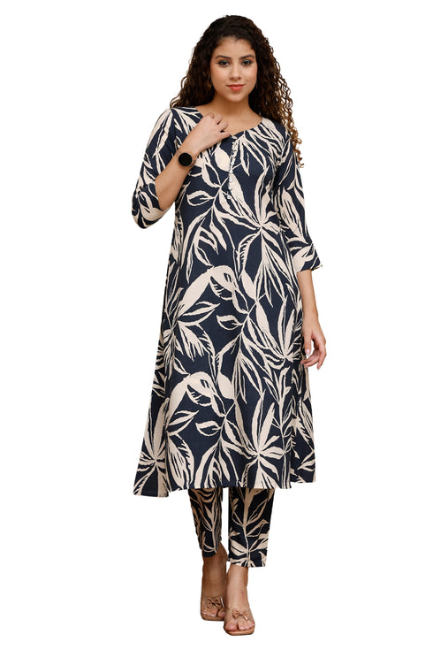 Midnight Waves Cotton Botanical Floral Printed Kurta With Pant