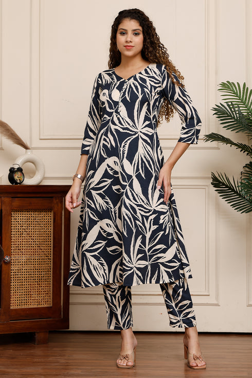 Midnight Waves Cotton Botanical Floral Printed Kurta With Pant