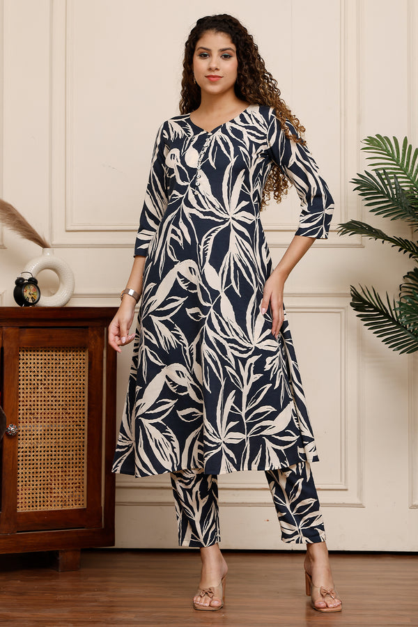 Midnight Waves Cotton Botanical Floral Printed Kurta With Pant