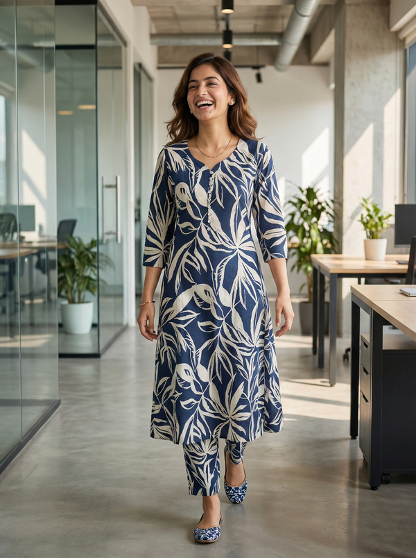 Midnight Waves Cotton Botanical Floral Printed Kurta With Pant