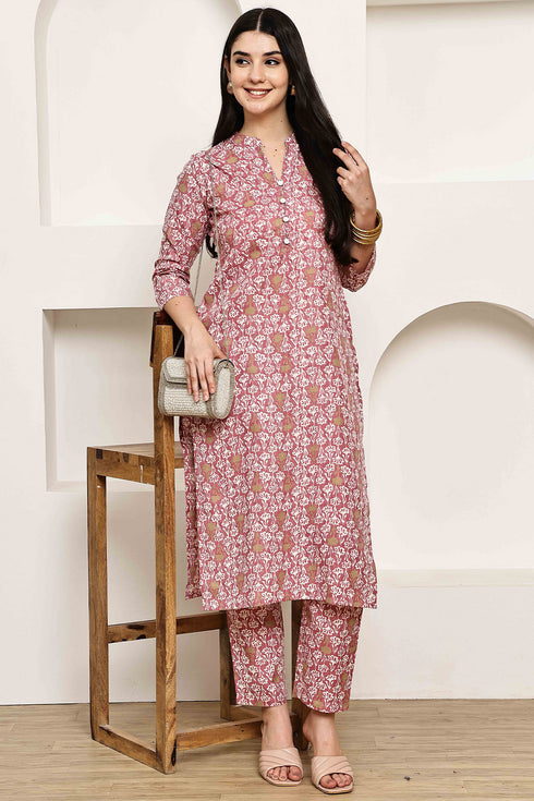 Stylish pink Jaipuri Printed Kurta With Pant