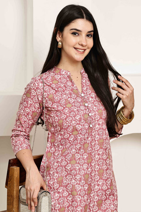 Stylish pink Jaipuri Printed Kurta With Pant