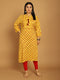 Yellow Pure Cambric Cotton Jaipuri Block Printed Plus Size Kurti
