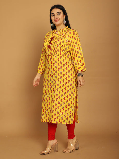 Yellow Pure Cambric Cotton Jaipuri Block Printed Plus Size Kurti