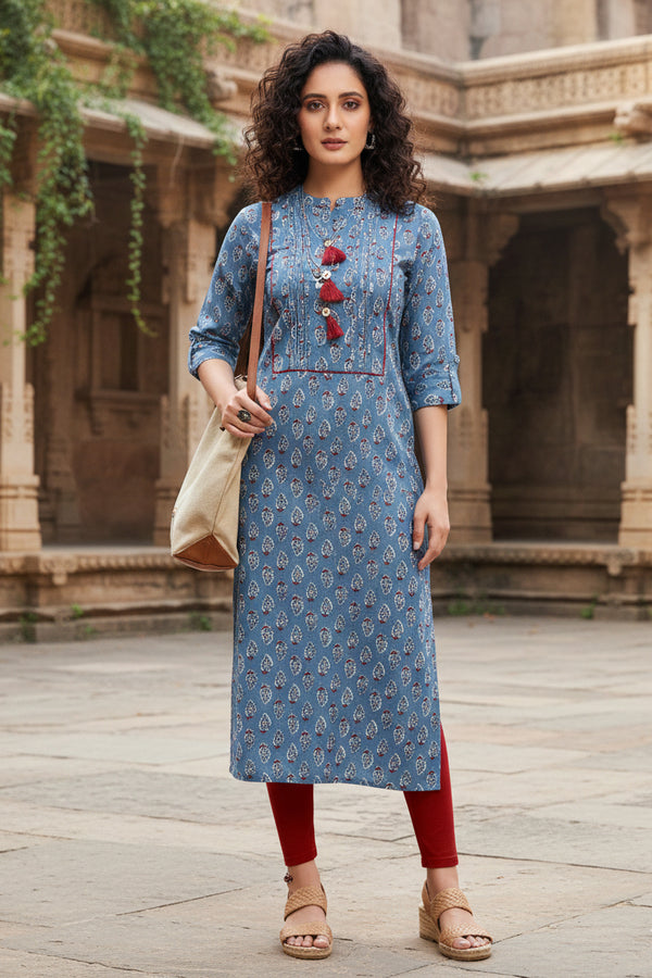 Blue Pure Cambric Cotton Jaipuri Printed Kurti