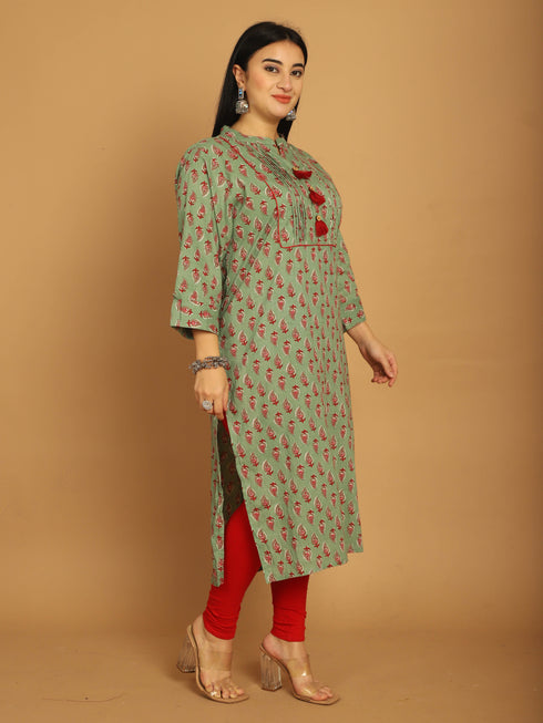 Green Pure Cambric Cotton Jaipuri Block Printed Plus Size Kurti