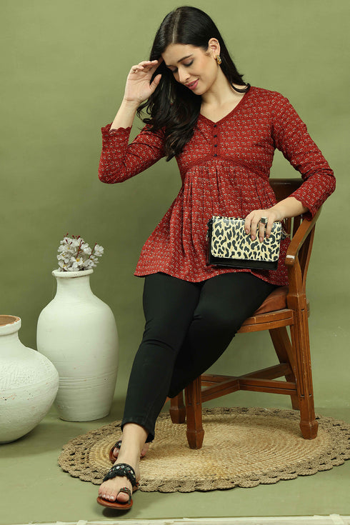 Maroon Women's Pure Cotton Jaipuri Printed Short Top