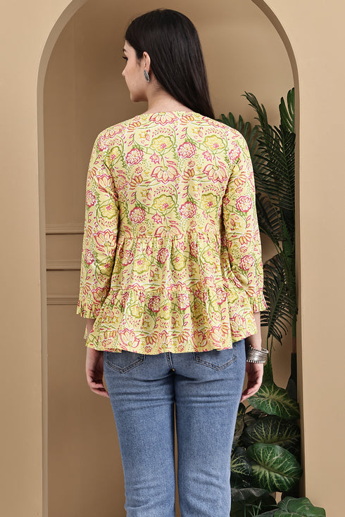 Yellow Pure Cotton Jaipuri Printed Short Top