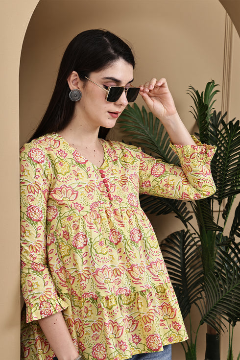 Yellow Pure Cotton Jaipuri Printed Short Top