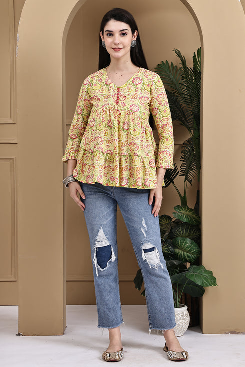 Yellow Pure Cotton Jaipuri Printed Short Top