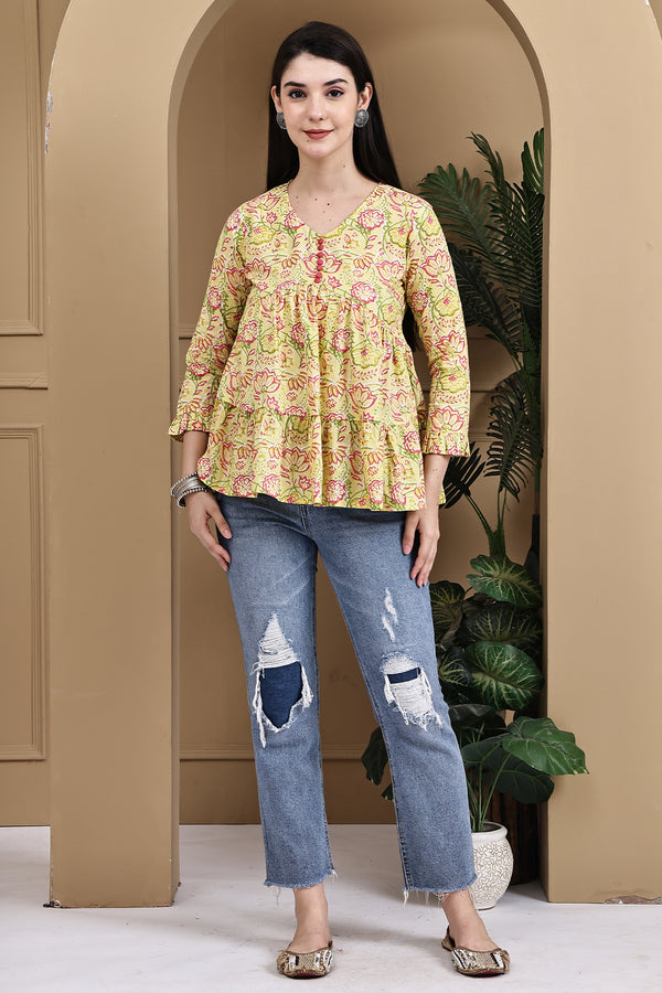 Yellow Pure Cotton Jaipuri Printed Short Top