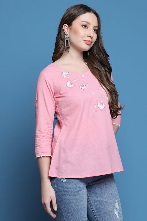 Light Pink Pure Cotton Patch Work Embroidered Short Top