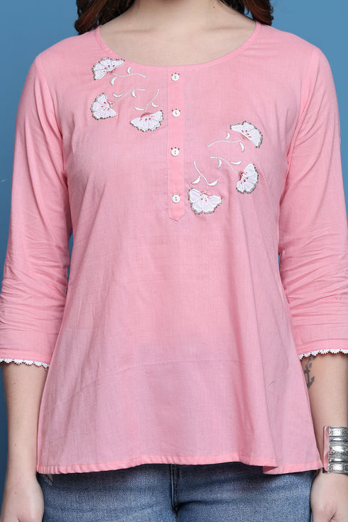 Light Pink Pure Cotton Patch Work Embroidered Short Top