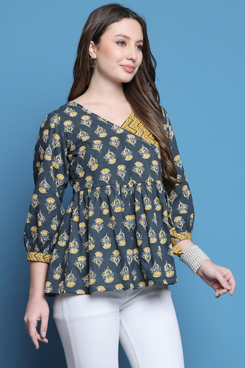 Grey & Yellow Pure Cotton Jaipuri Printed Short Top