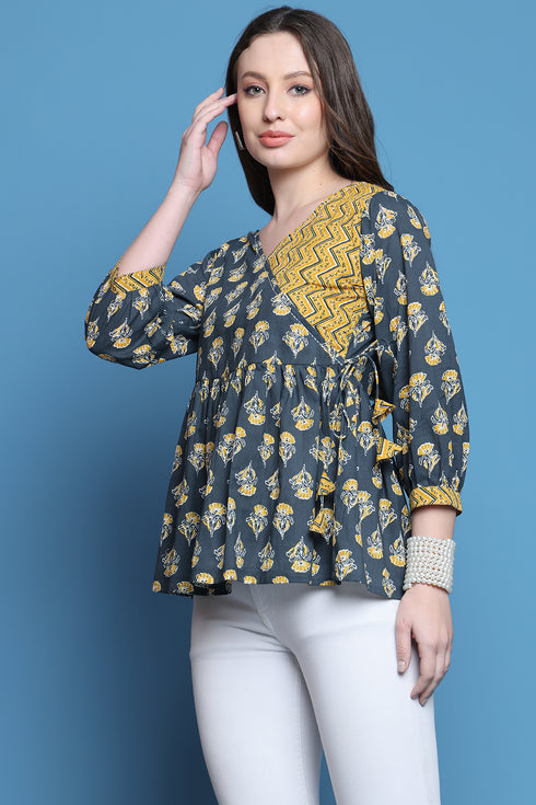 Grey & Yellow Pure Cotton Jaipuri Printed Short Top