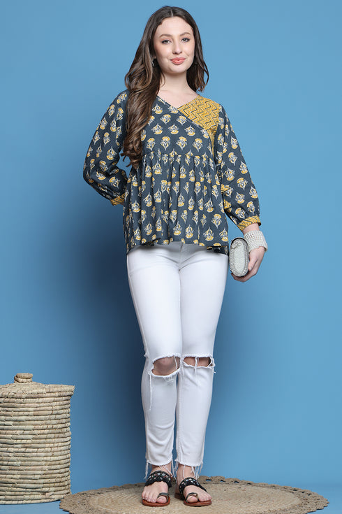 Grey & Yellow Pure Cotton Jaipuri Printed Short Top