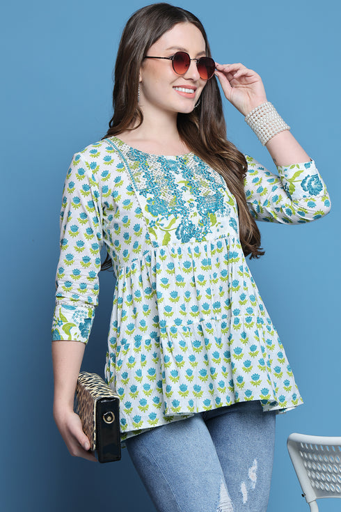 White & Teal Pure Cotton Embroidered Short Top