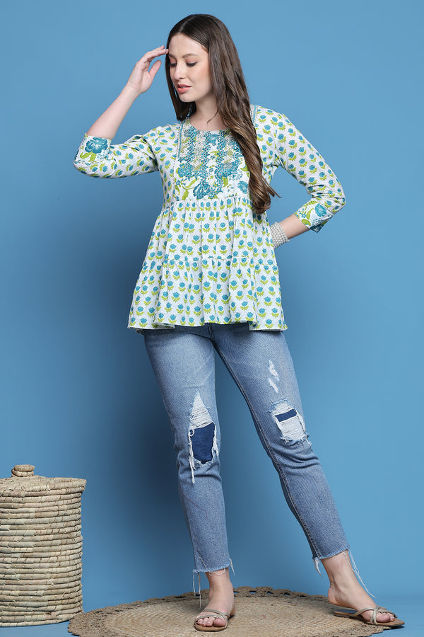 White & Teal Pure Cotton Embroidered Short Top