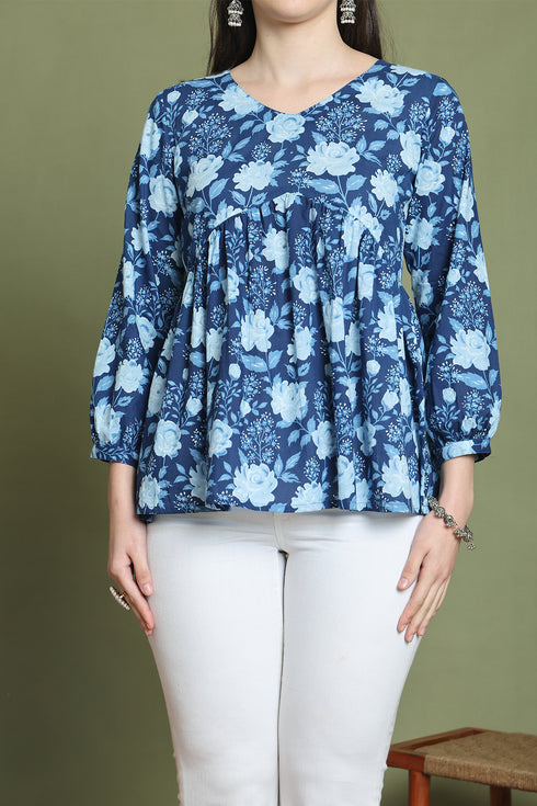 Blue Pure Cotton Jaipuri Printed Short Top