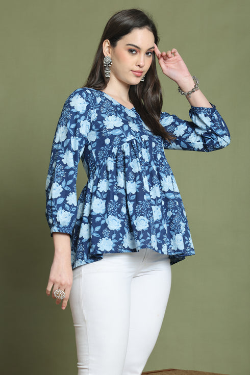 Blue Pure Cotton Jaipuri Printed Short Top