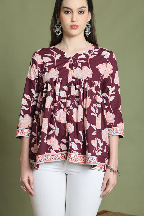 Wine Pure Cotton Jaipuri Printed Short Top