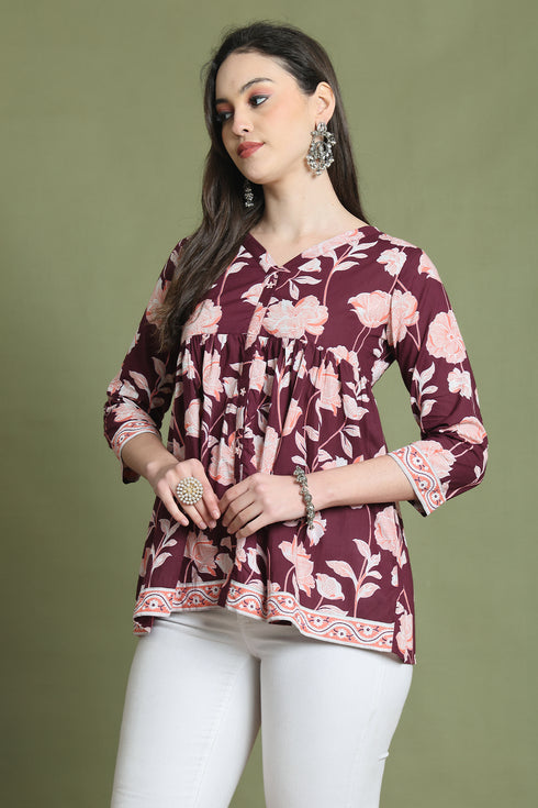 Wine Pure Cotton Jaipuri Printed Short Top