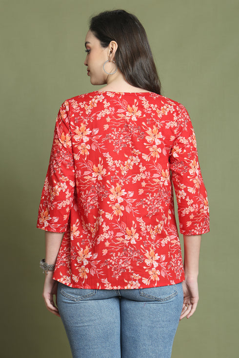 Red Pure Cotton Jaipuri Printed Short Top