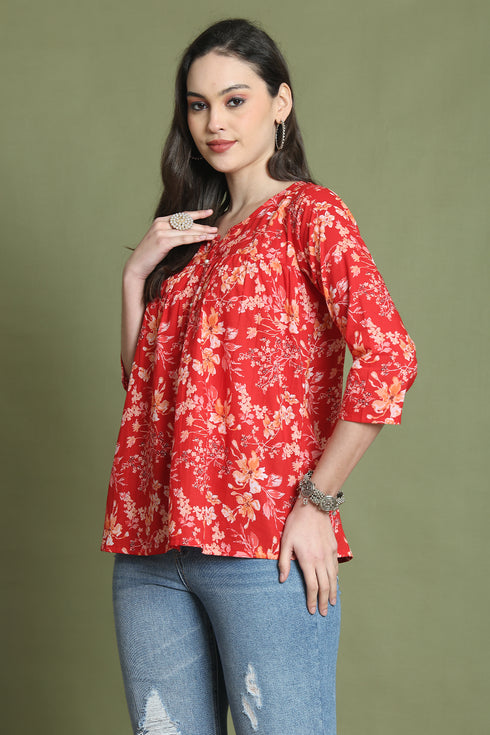 Red Pure Cotton Jaipuri Printed Short Top