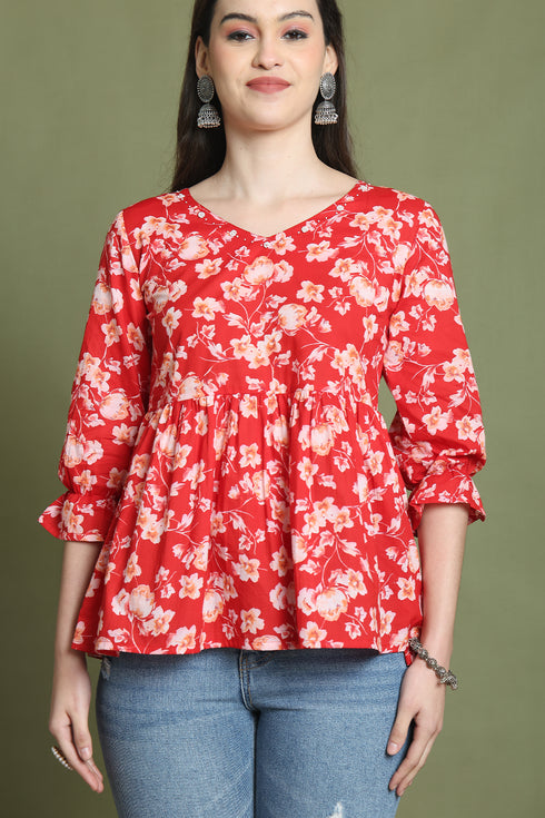 Red Pure Cotton Jaipuri Printed Short Top