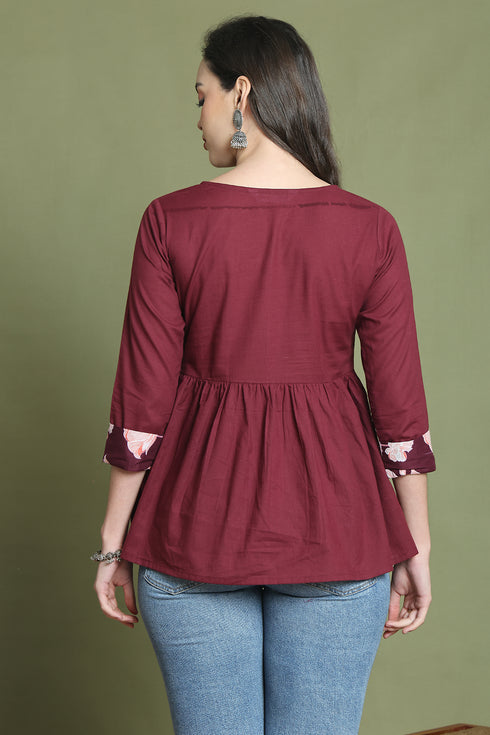 Wine Pure Cotton Jaipuri Printed Short Top
