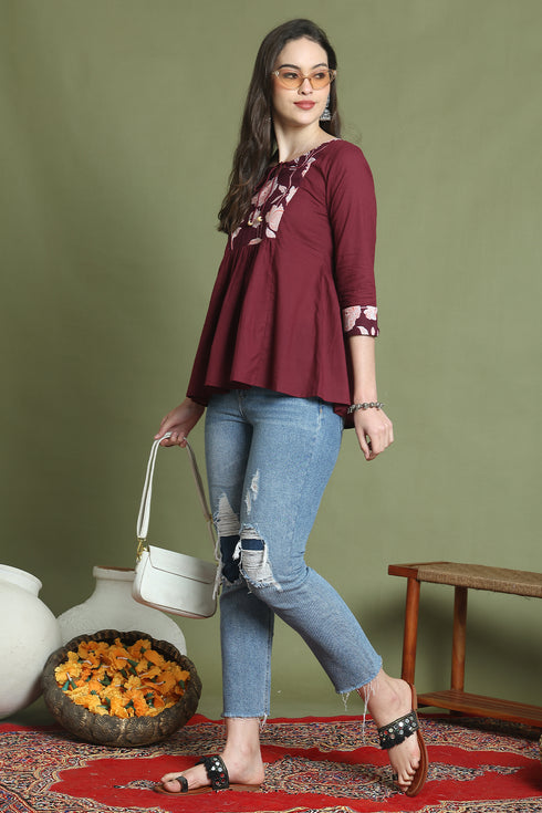 Wine Pure Cotton Jaipuri Printed Short Top