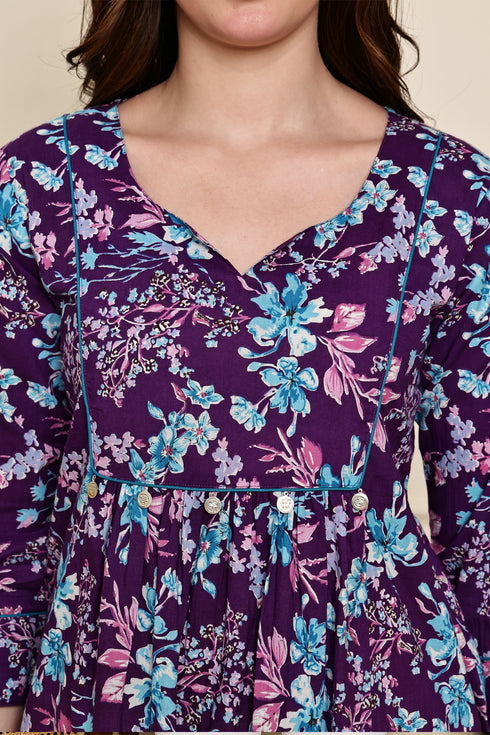 Purple Petal Bliss Cotton Jaipuri Printed Short Top