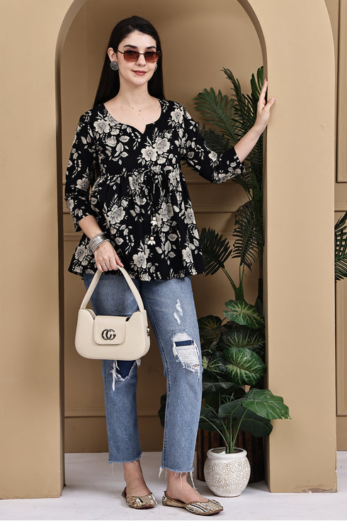 Noir Petal Ensemble Cotton Jaipuri Printed Short Top