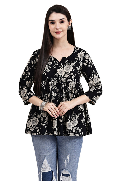 Noir Petal Ensemble Cotton Jaipuri Printed Short Top