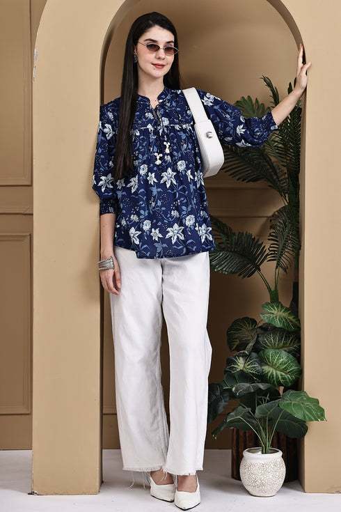 Blue Petal Chic Cotton Jaipuri Printed Short Top