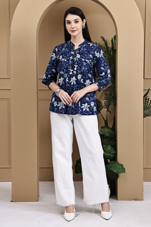 Blue Petal Chic Cotton Jaipuri Printed Short Top