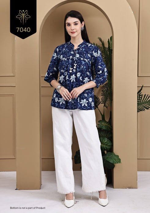 Blue Petal Chic Cotton Jaipuri Printed Short Top