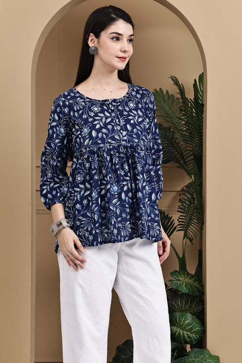 Garden Vibes Blue Cotton Jaipuri Printed Short Top