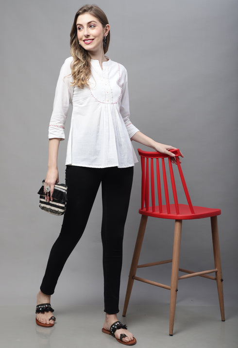 Off White Pure cotton Solid Short Top