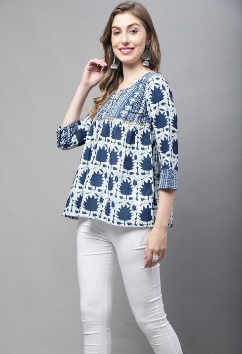 Navy Blue Pure cotton Jaipuri Printed Short Top