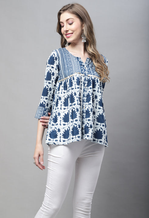 Navy Blue Pure cotton Jaipuri Printed Short Top