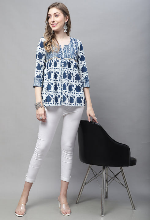 Navy Blue Pure cotton Jaipuri Printed Short Top