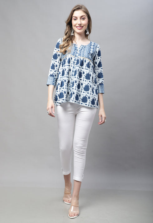 Navy Blue Pure cotton Jaipuri Printed Short Top