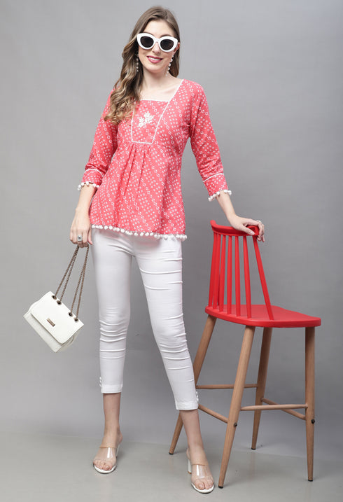 Peach Pure cotton Bandhej Print Short Top