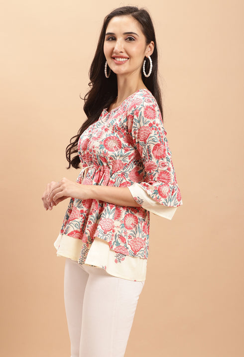 Cream Pure cotton Jaipuri Printed Short Top